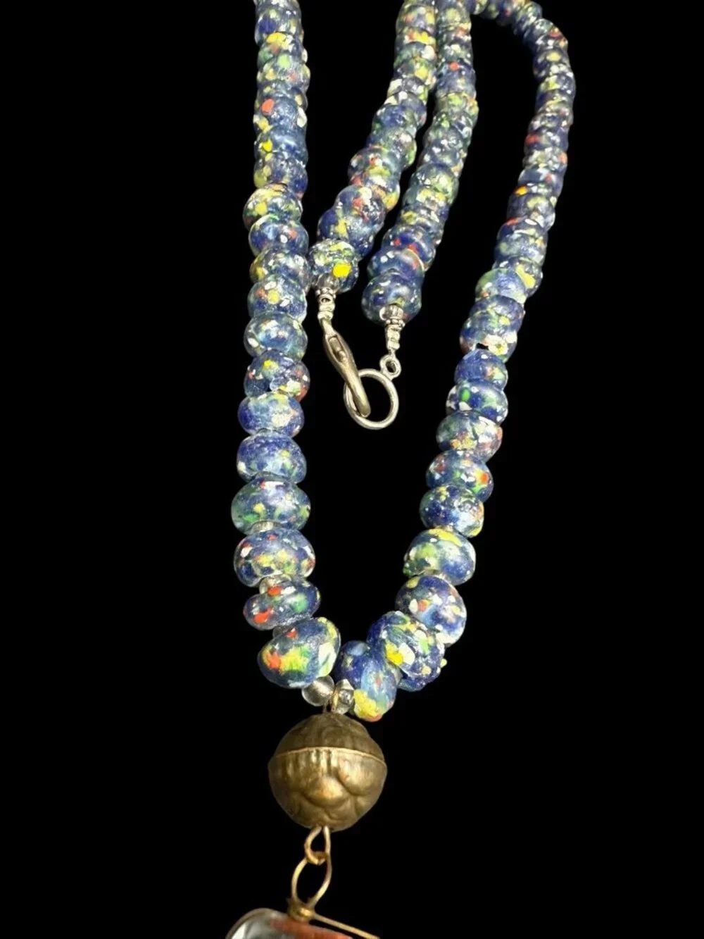 Vintage Venetian Murano Blue Art Glass Floral Wedding Cake Beads Necklace 32”